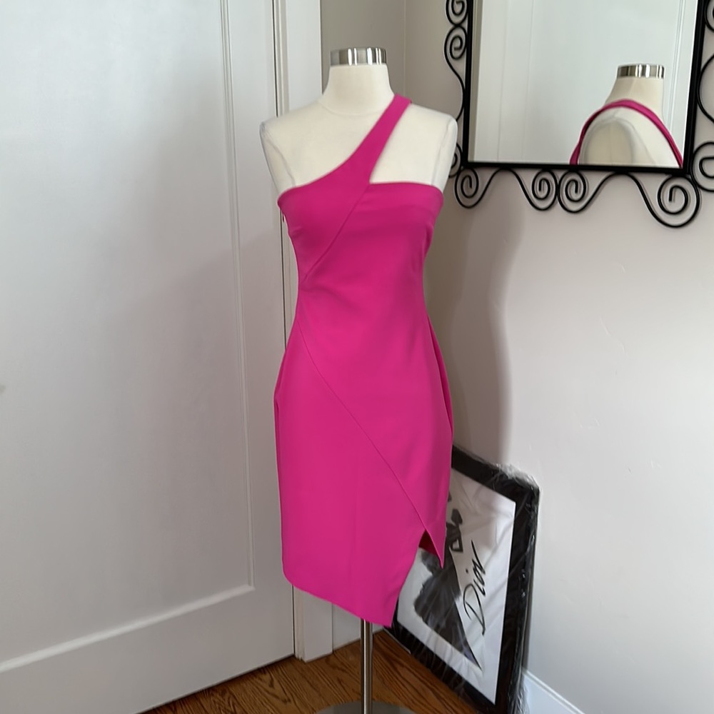 Likely Hot pink one shoulder fitted cocktail dress